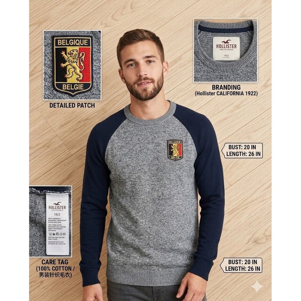 Hollister Belgique Belgie Patch Sweater Medium Gray Navy Blue Raglan‎ Knit